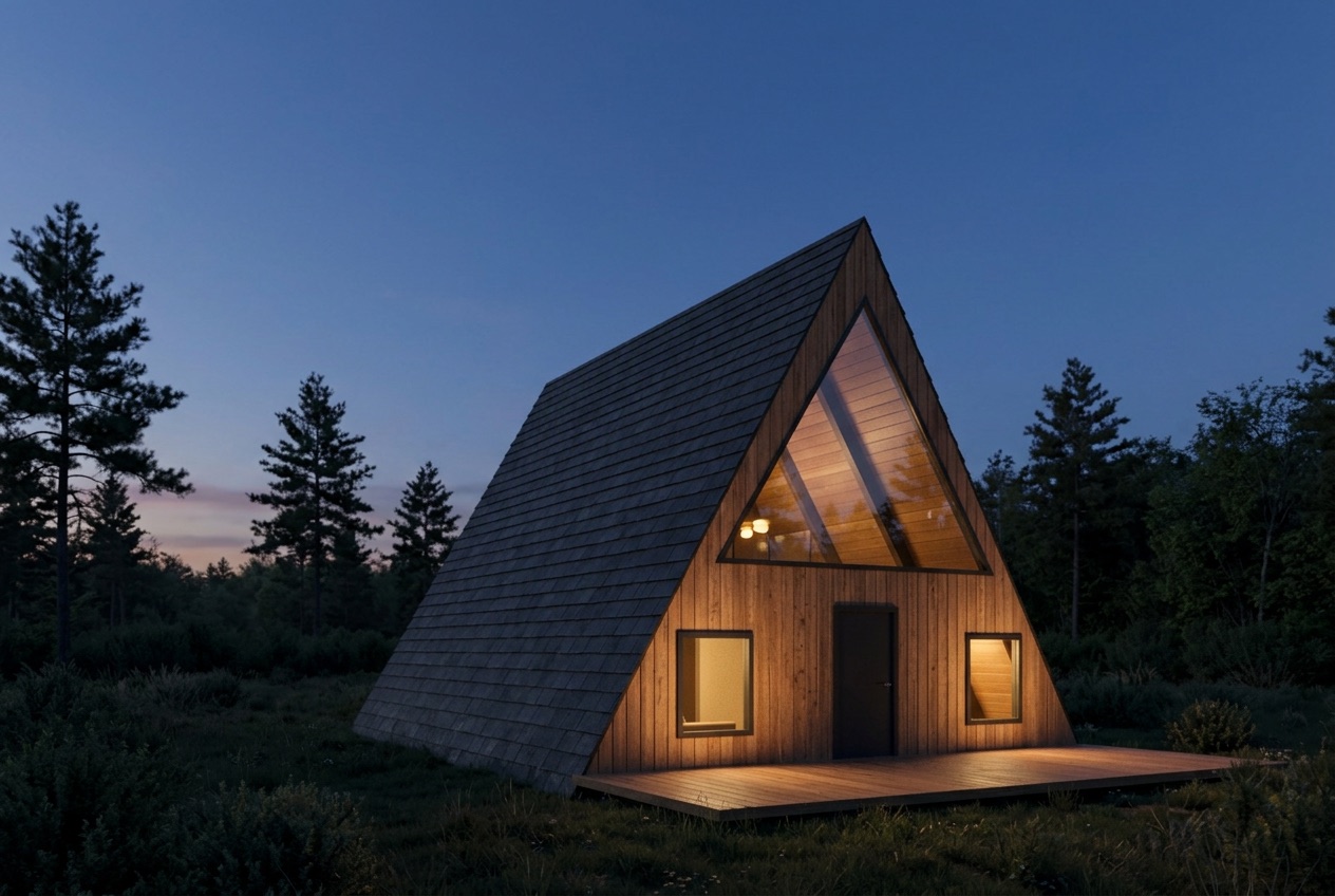 AI concept render of the same cabin at dusk with lit windows